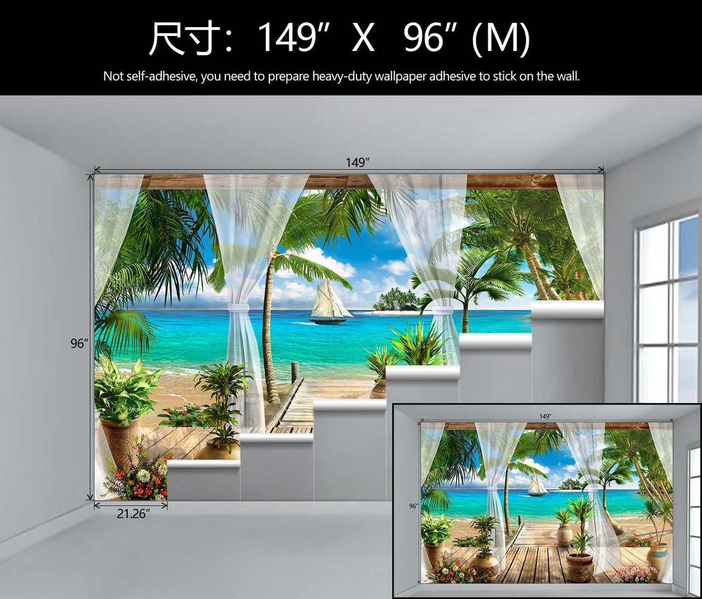 WFBHUA-Wall Mural Tropical Beach Palm Tree Wallpaper Balcony Window Seascape Landscape Wallpaper for Bathroom Living Room Bedroom (Not Peel and Stick)