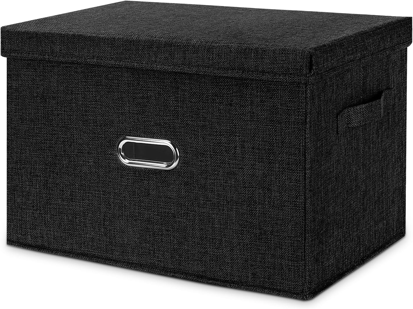 Large Linen Fabric Foldable Storage Bins with Removable Lid and Handles, Washable Storage Box Organizer Containers Baskets Cube with Cover for Bedroom,Office(Black, Large)