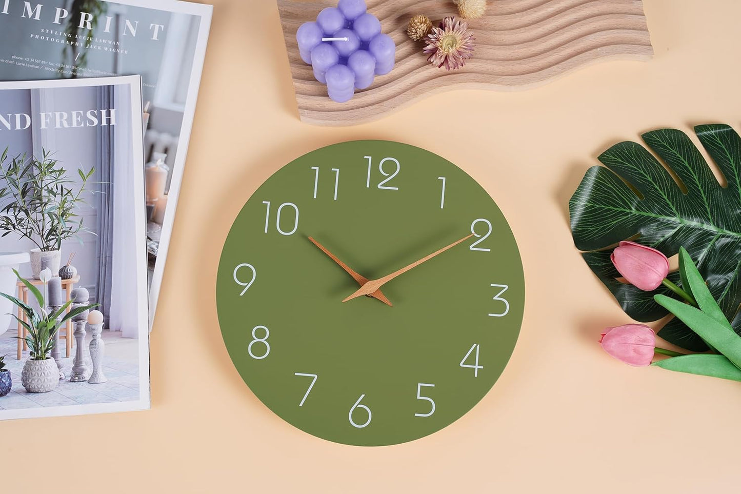 Mosewa Modern Wall Clock Silent Non Ticking 12 Inch Olive Green Battery Operated Simple Minimalist for Living Room Office Bedrooms Kitchen Home Decor