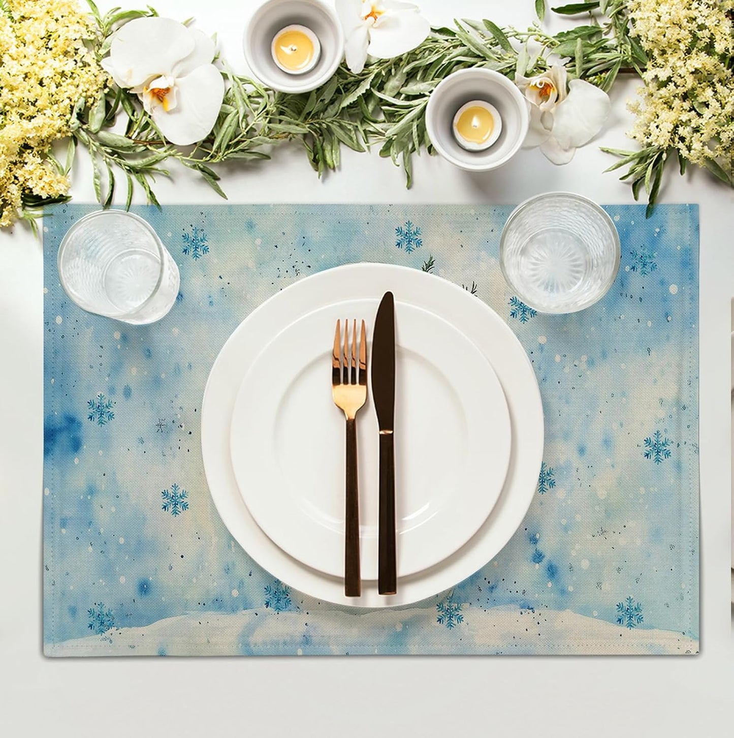 Blue Snowman Snowflake Winter Placemats Set of 4 Seasonal Christmas Linen Table Mats 12x18 Inch Xmas Holiday Snow Farmhouse Rustic Washable Place Mats for Party Kitchen Dining Outdoor Indoor Decor