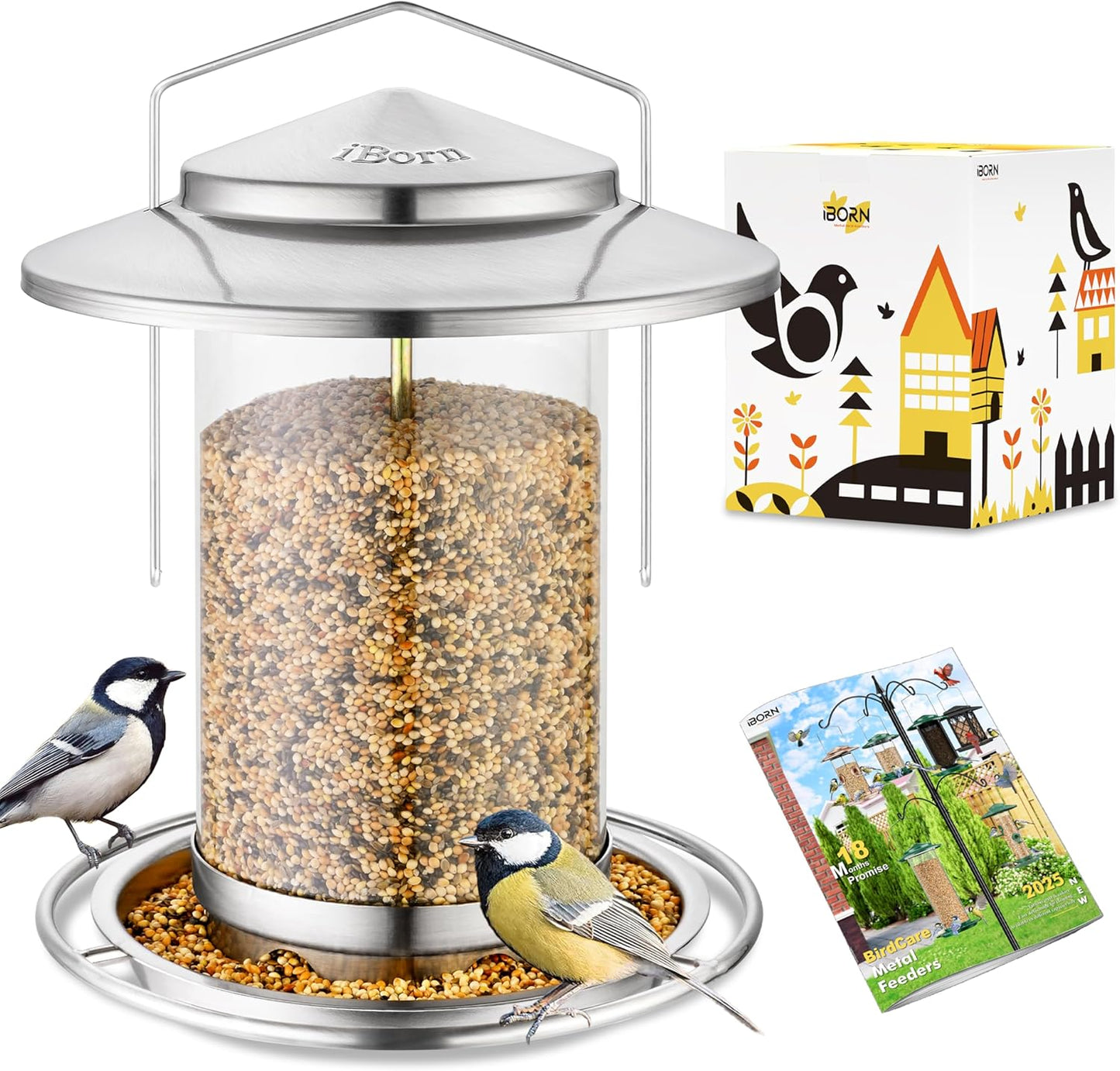 iBorn Metal Bird Feeders for Outdoors,Easy Clean Bird Seed Feeder,Hanging Bird Feeder for Seeds with Gift Box,3-Second Refill Bird Feeder,Nickle 6 Port (Seed is not Included)