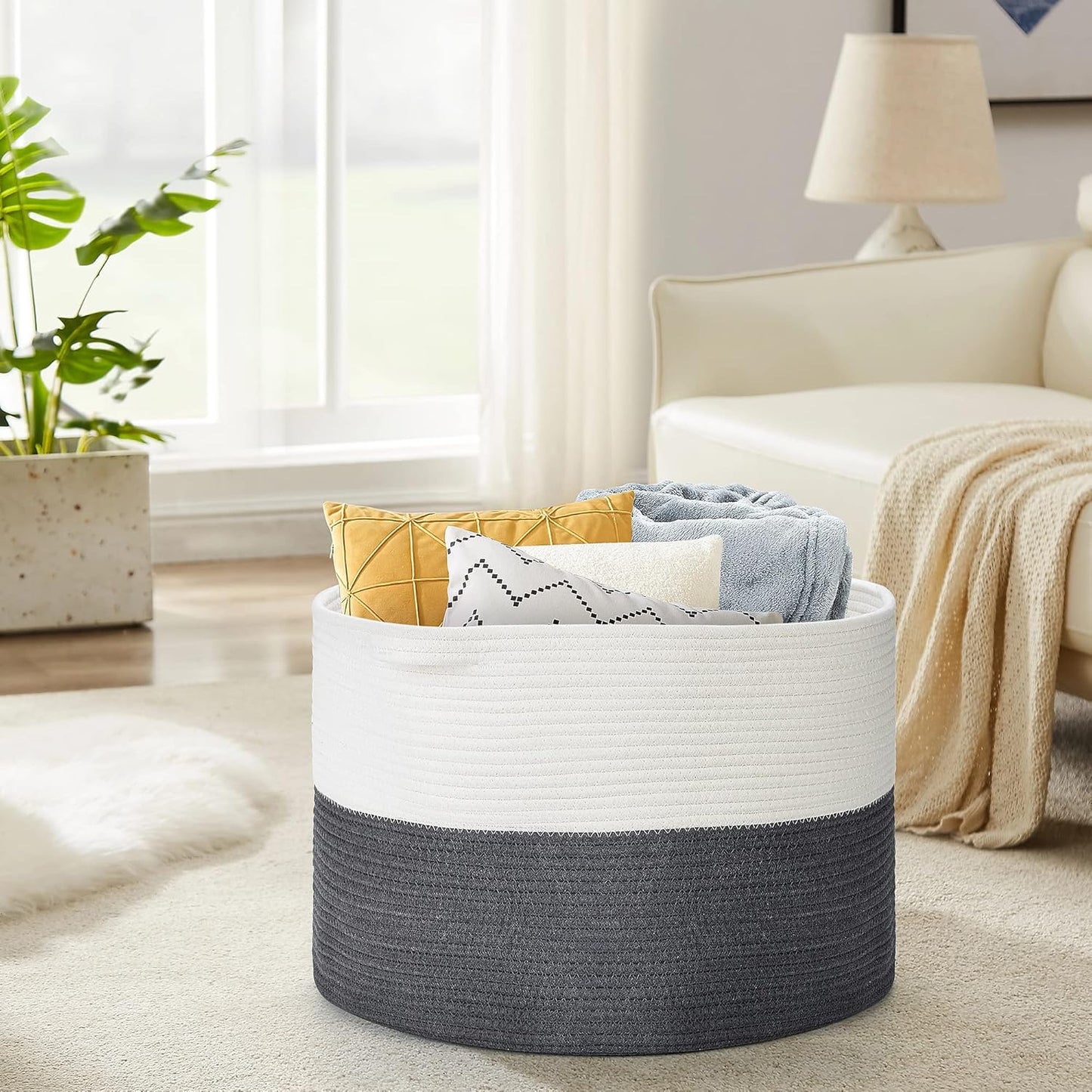 Ravinte Blanket Basket - 20"x 20"x 13" Cotton Rope Basket for Living Room, Baby Toy Storage Basket, Large Woven Laundry Basket (White-DarkGray)