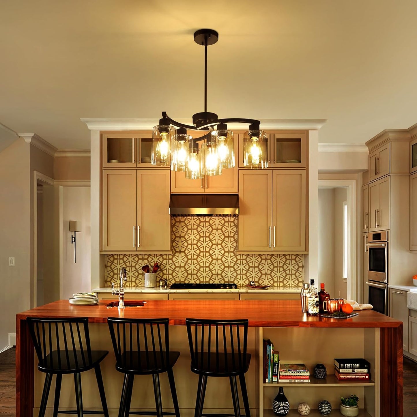 6 Light Modern Farmhouse Chandelier，Black Dining Room Light Fixture，Kitchen Pendant Lights Over Island with Glass Shade