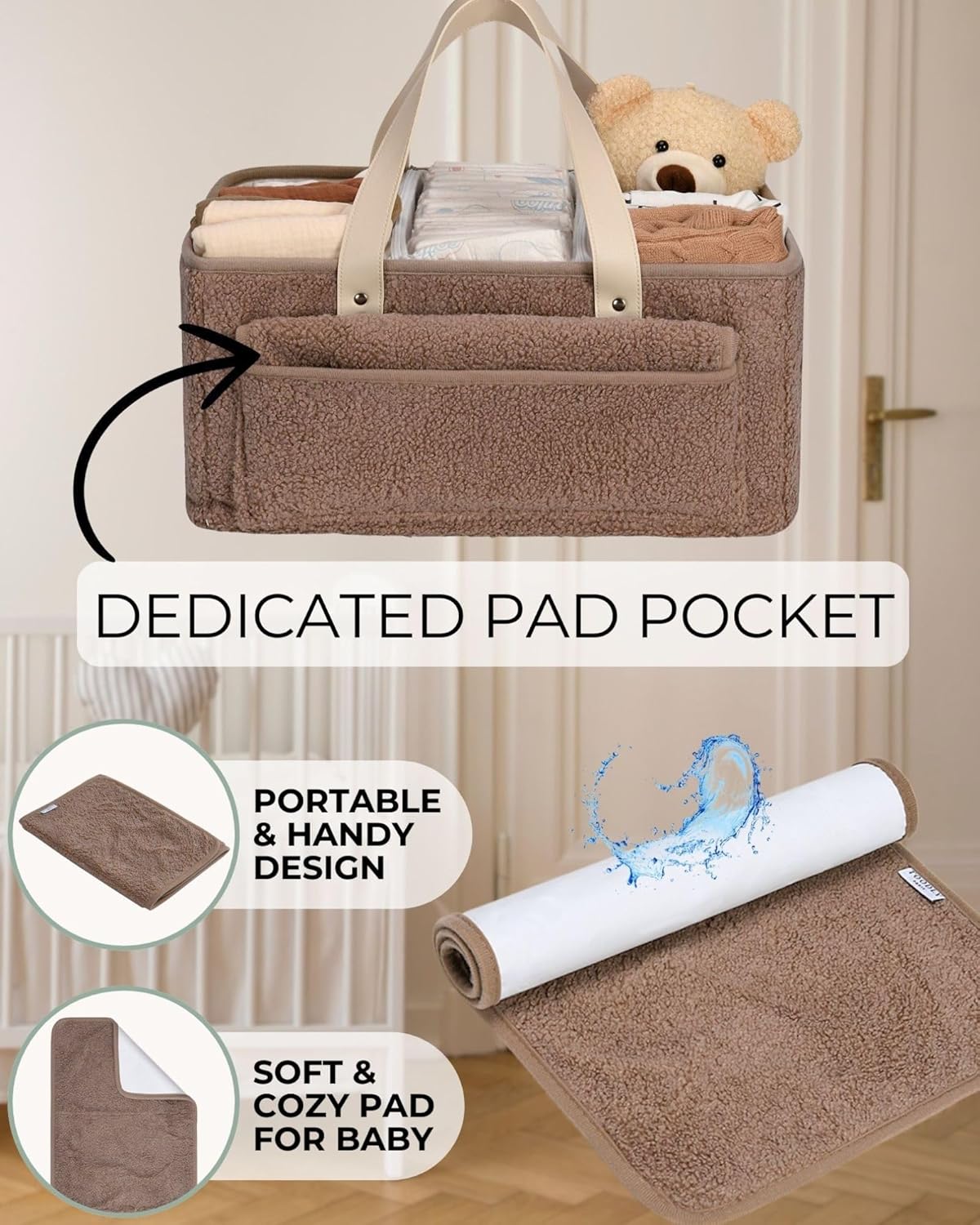Baby Diaper Caddy Organizer with Portable Changing Mat - Teddy Fleece Diaper Organizer for Changing Table - Basket for Changing Essentials - Baby Essentials Organizer with Removable Dividers