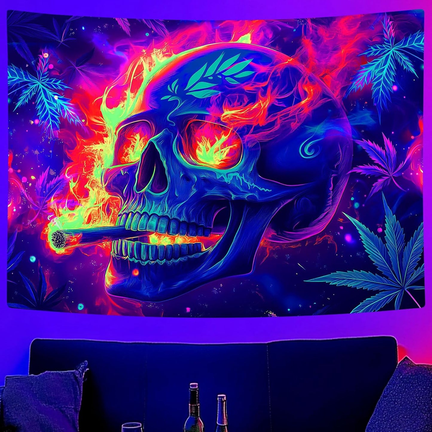 Blacklight Skeleton Tapestry, Glowing Skull UV Reactive Gothic Wall Hanging Tapestries, Glow in the Dark Grim Reaper Magic Horror Face Halloween Poster Tapestry for Bedroom Living Room Decor 40X30IN
