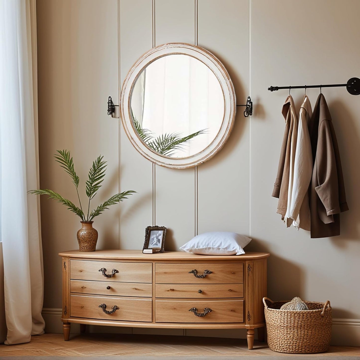 Round Bathroom Mirror for Vanity-Distressed Wood Circle Mirror, Farmhouse Entryway Mirror and Decorative Wall Mirrors for Living Room