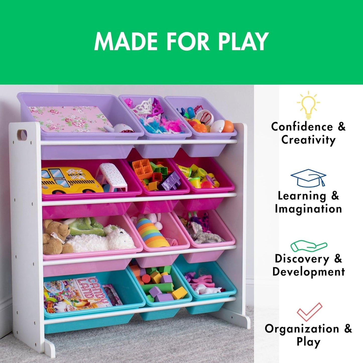 Humble Crew Kids Toy Storage Organizer with 12 Plastic Bins, White/Pink/Purple/Turquoise – Removable Bins for Playroom, Bedroom, Toddler Furniture for Boys and Girls Ages