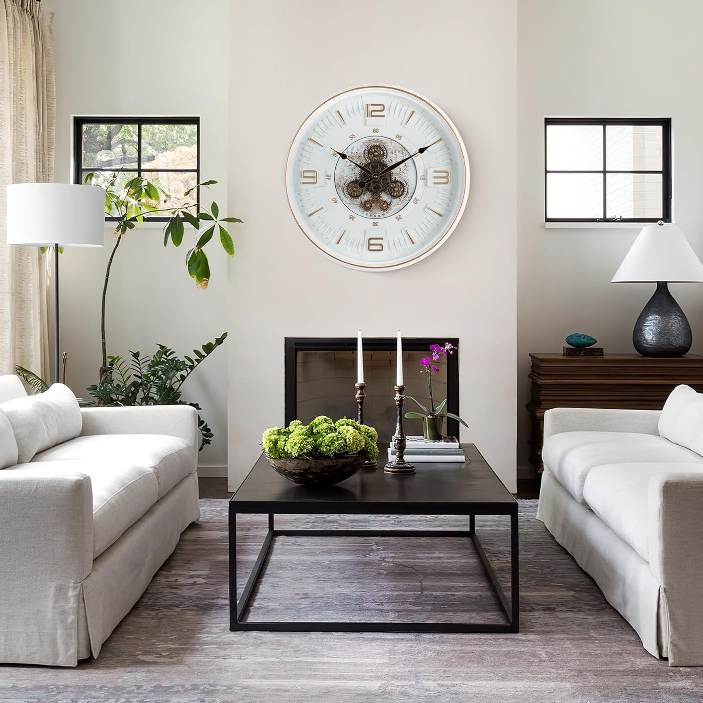 Maxstar Large Vintage Moving Gear Wall Clock, 20''Battery Operated Industrial Steampunk Metal Decor for Living Room, Office,Fireplace, Farmhouse(Arabic Number-Platinum Coating)