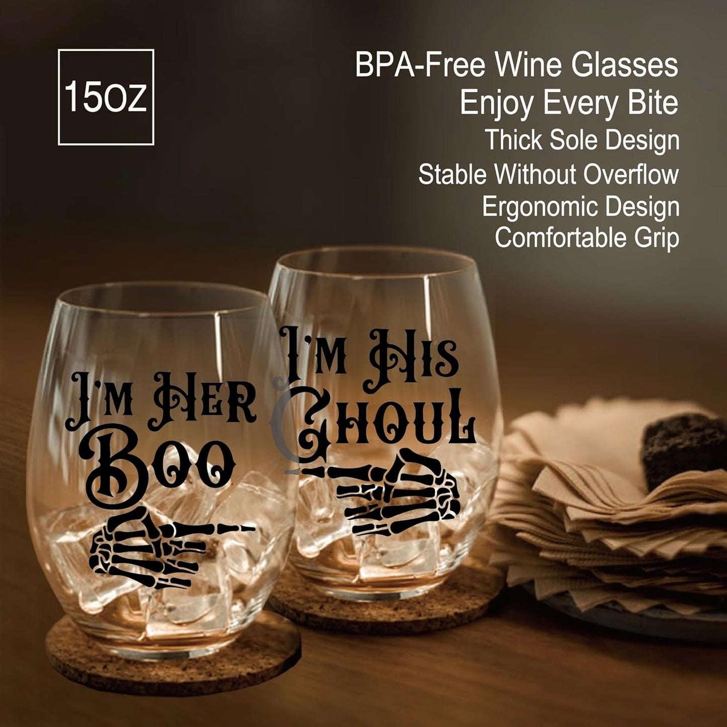 Perfectinsoy Skull Wine Glass 2 Piece with Gift Box, Zombie Design, Valentine's Day Autumn Halloween, Anniversary Wedding Gifts, Couple Gifts for Boyfriend and Girlfriend. (Her His Set of 2)