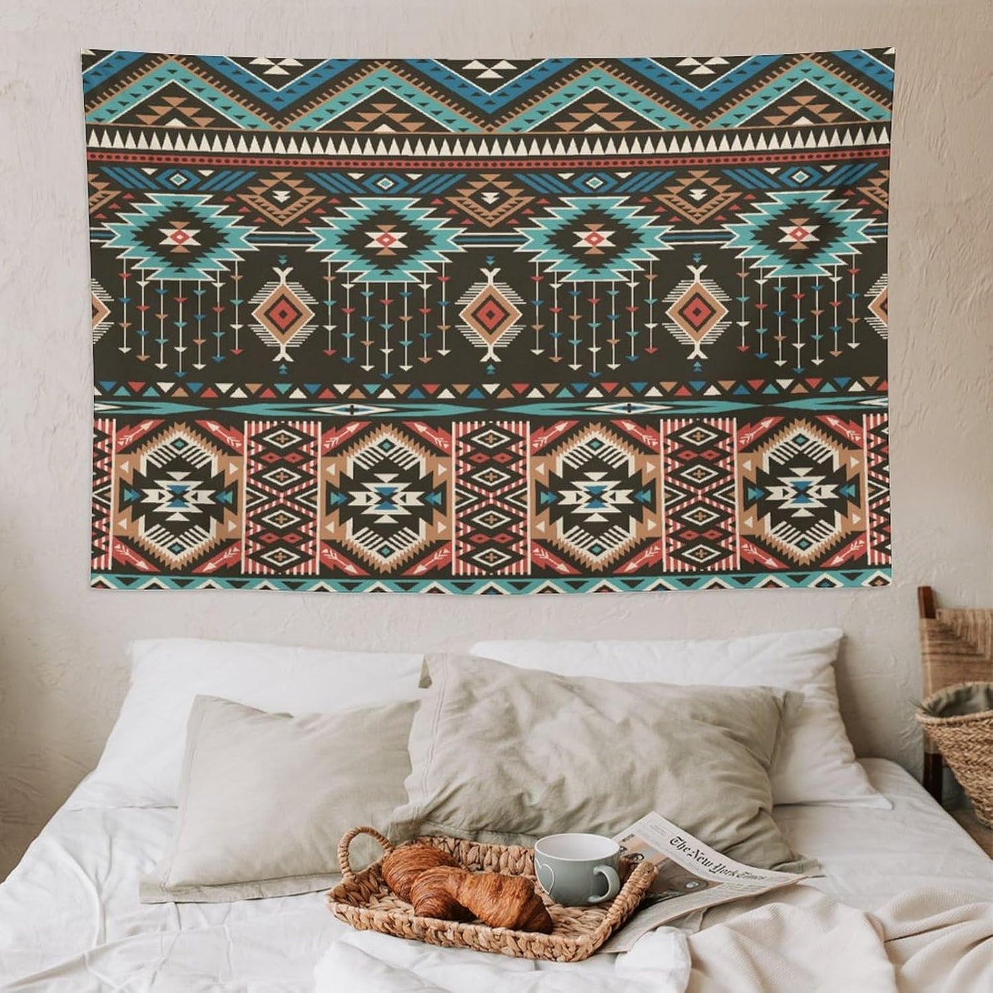 HZOHNAGO Aztec Tapestry Turquoise Blue and Brown and Native American Tribal Pattern Printed Wall Tapestry Wall Hanging for Bedroom Living Room Dorm 90" W x 60" H