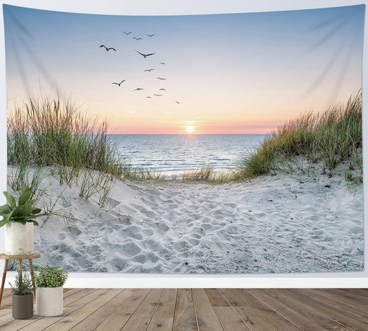 HVEST Ocean Beach Tapestry Wall Hanging, Sunset Seabird and Beach with Grass Wall Hanging Tapestry Natural Landscape Tapestry for Bedroom Living Room Dorm Decoration Wall Decor, 59x51 Inches
