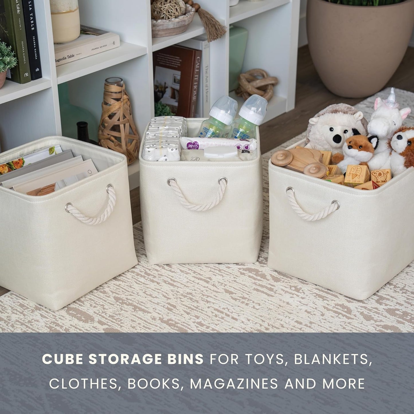 OrganiHaus 12x12 Cube Storage Bins 4 Pack, Foldable Cube Storage Organizer w/ Rope Handles, Collapsible Fabric Bins for Toys, Clothes & Closet Organization, Fabric Square Baskets - Off-White