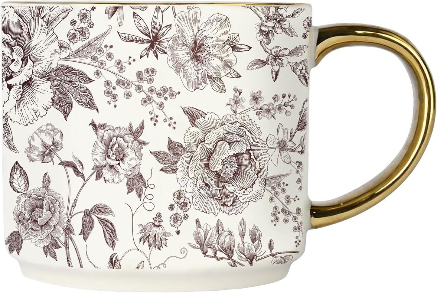 Sweet Water Decor Brown Delft Mug with Gold Handle, 14oz Fine Bone China Coffee Cup for Tea, Latte, or Hot Cider, Vintage Floral Fall Drinkware, Hostess & Housewarming Gift for Women & Teachers