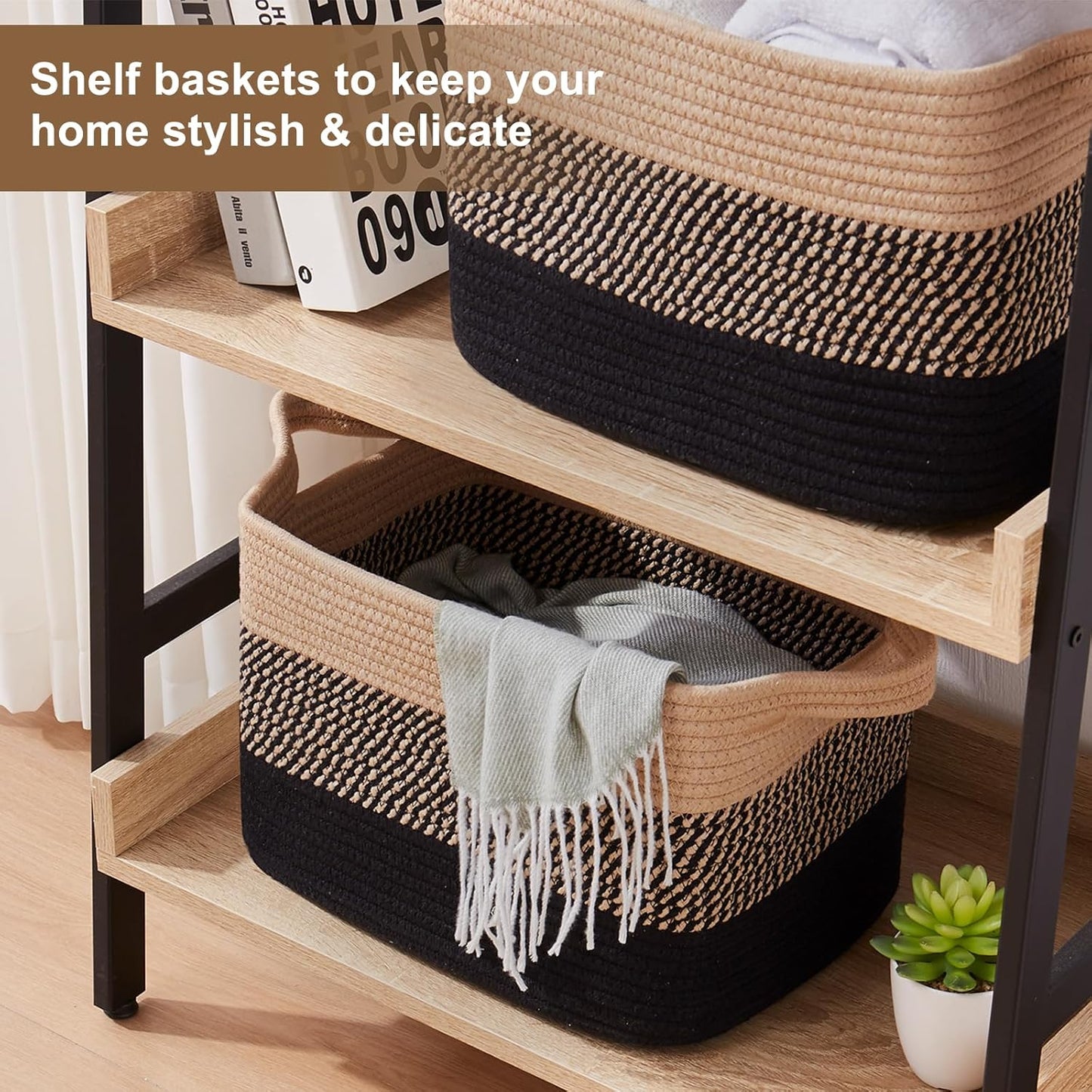 Storage Basket for Organizing, Woven Baskets for Storage, Rectangle Decorative Baskets for Shleves, Closet, Toys, Books, Nursery Organizer Bins - Pack of 3 (Black & Brown)