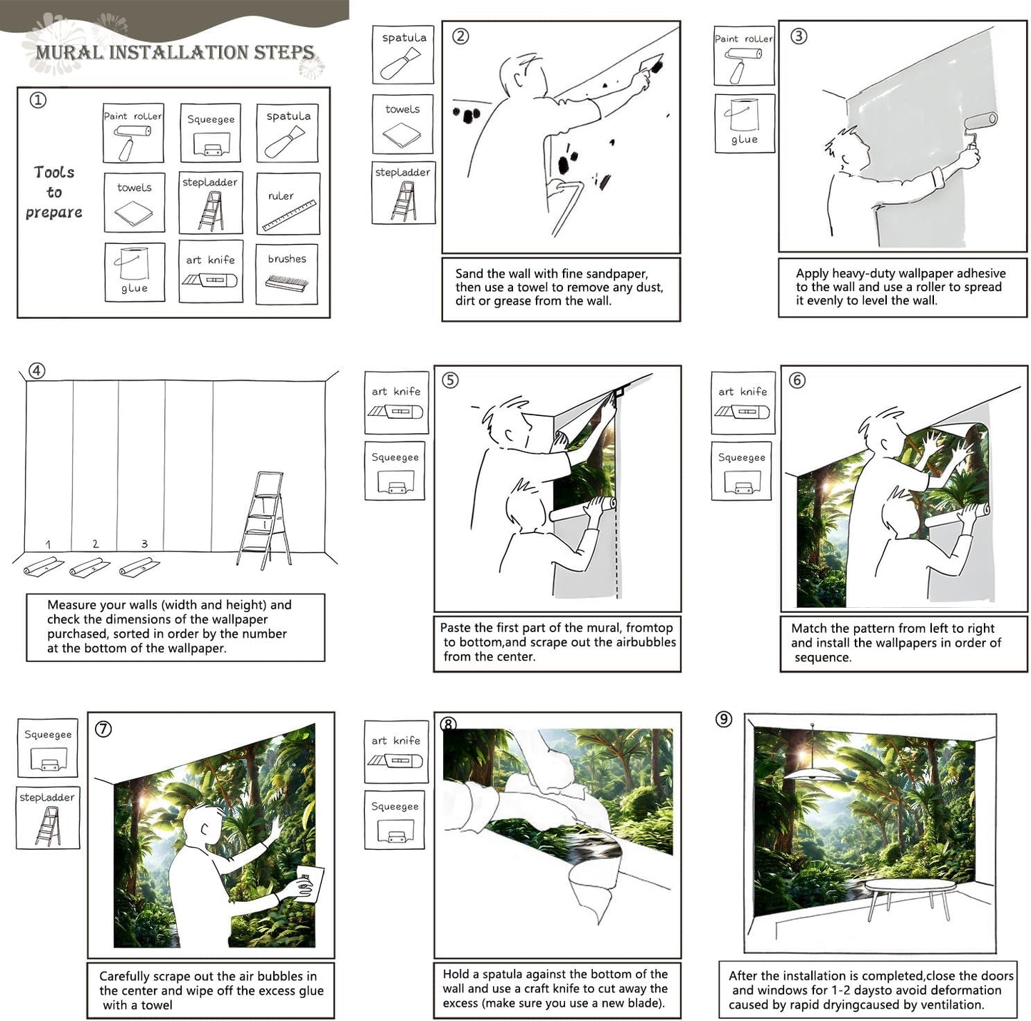 AFZEVEB-Green Tree Wall Mural Tropical Jungle Wallpaper for Bedroom 114"x74"(Not Peel and Stick)