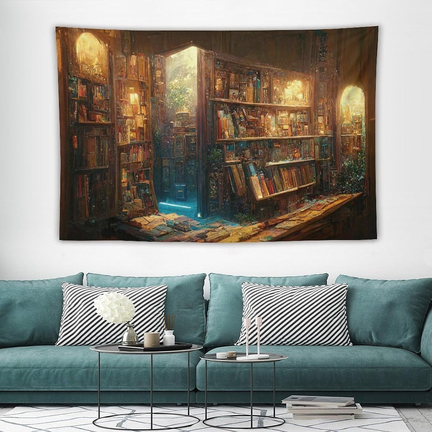 Kurtect Bookshelf Tapestry,Vintage Style Library Watercolor Art Theme Pattern Print Tapestries for Party Beach Picnic Blankets Tablecloths Living Room Wall Deocr, 60x90 in