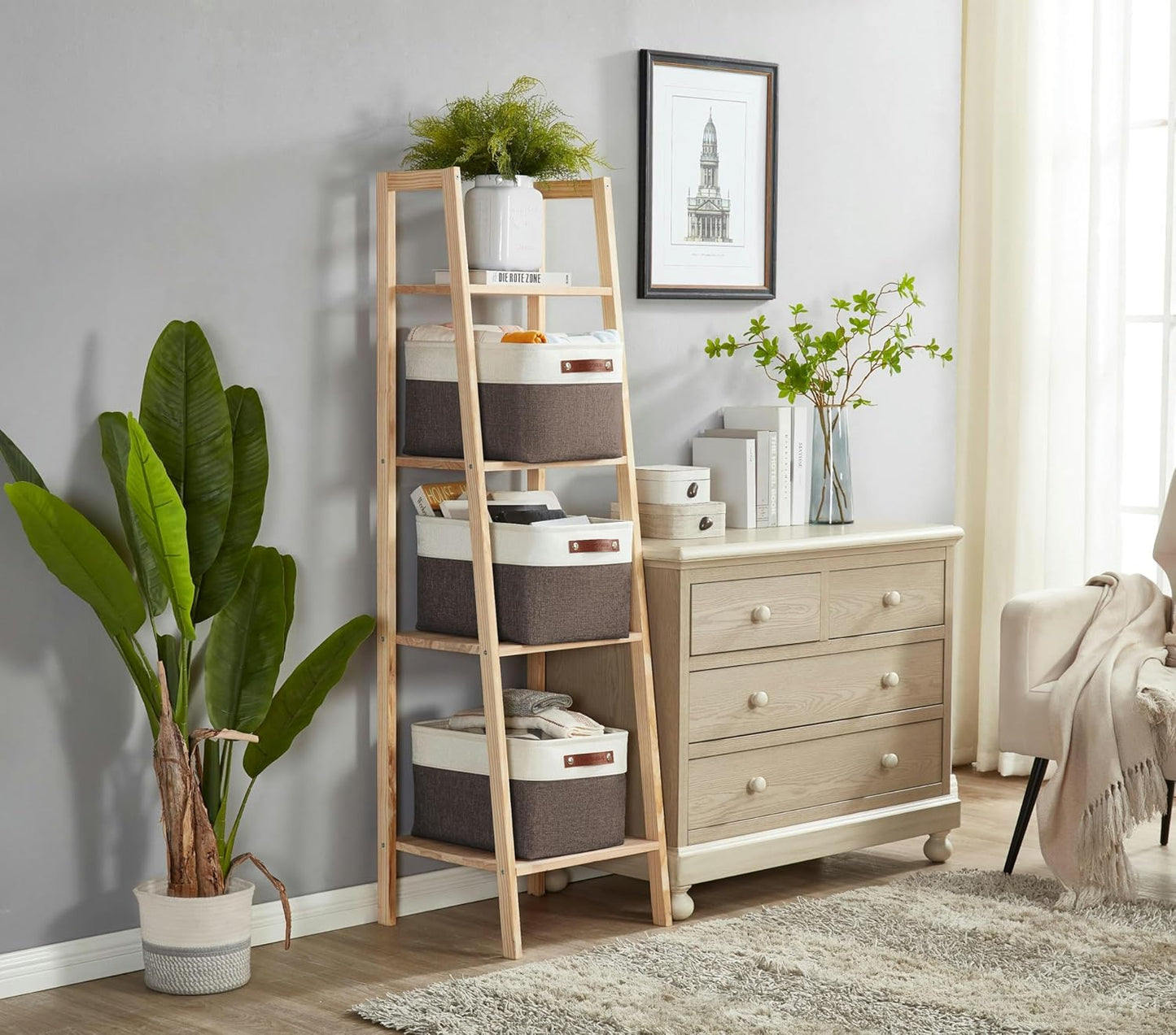 DECOMOMO Storage Bins Fabric Storage Baskets for Shelves, Linen Closet Organization Toys Nursery (Brown and White, Large - 4 Pack)