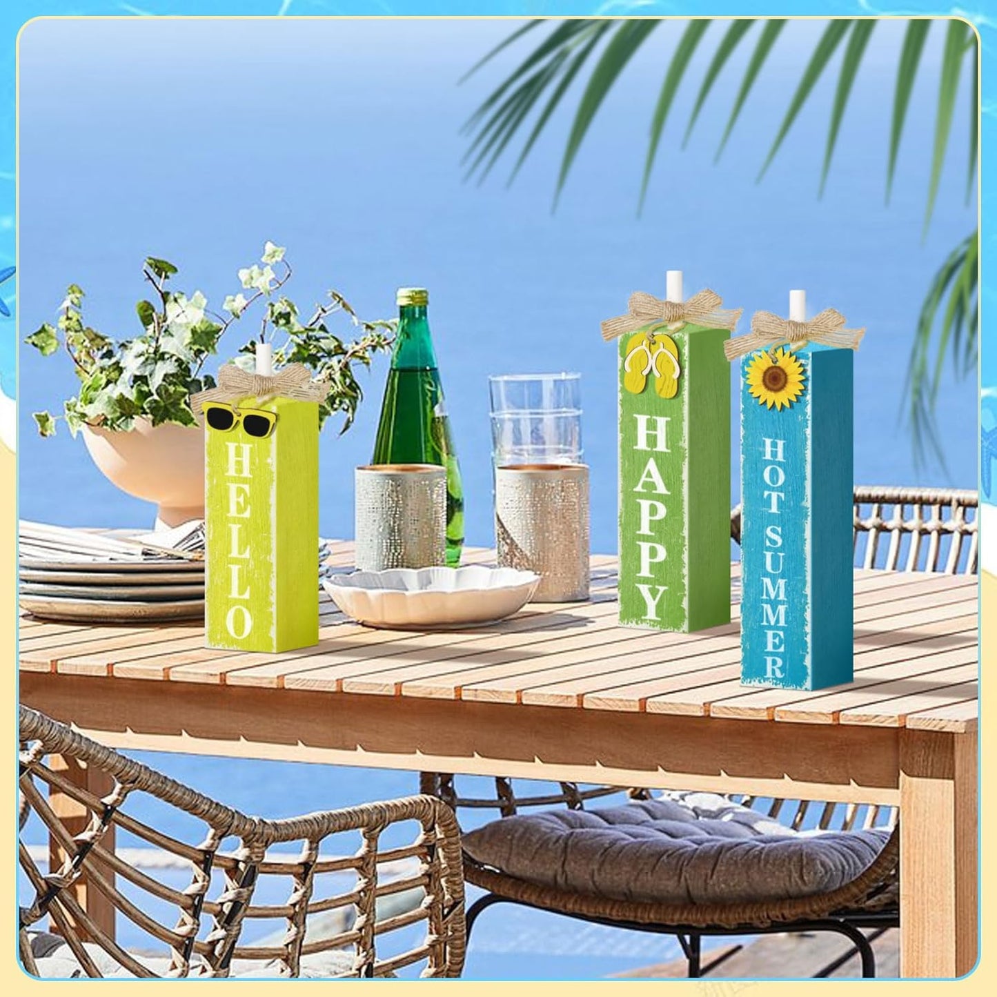 3 PCs Wooden Tiered Tray Decor Hello Happy Hot Summer Rustic Table Decor Block Signs for Beach Island Home Office Decorations (Summer-1)