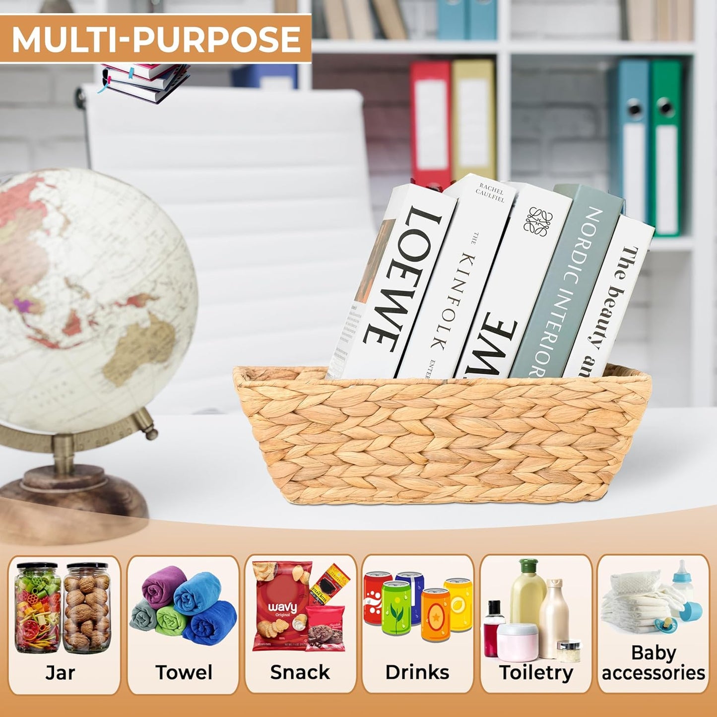 Set of 2 Snack Baskets, Wicker Snack Basket Organizer for Office, Small Wicker Baskets with Handles, (2 Medium Basket)