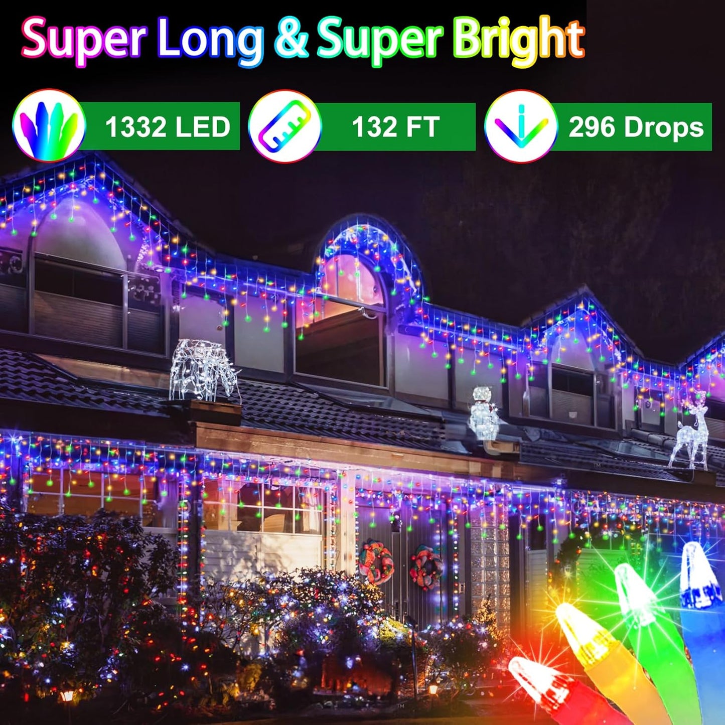 132FT 1332 LED Outdoor Christmas Lights - 296 Ice Drops, 12 Pro Modes with Timer Memory & Brightness, Waterproof Hanging Ice String Light for Holiday Wedding Garden Fence House Decor (Multicolor)