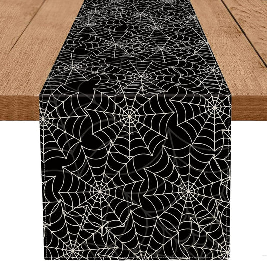 Halloween Table Runner Spider Web Black Linen Table Runners for Seasonal Holidays Indoor Outdoor Kitchen Dining Party Home Decor 13 x 36 Inch