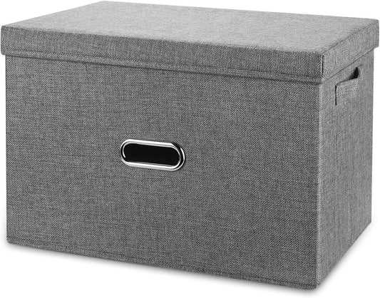 Linen Fabric Collapsible Storage Bins with Removable Lids and Handles, Washable Storage Box Containers Baskets Cube with Cover for Bedroom,Closet,Office,Living Room,Nursery (Grey, Medium)