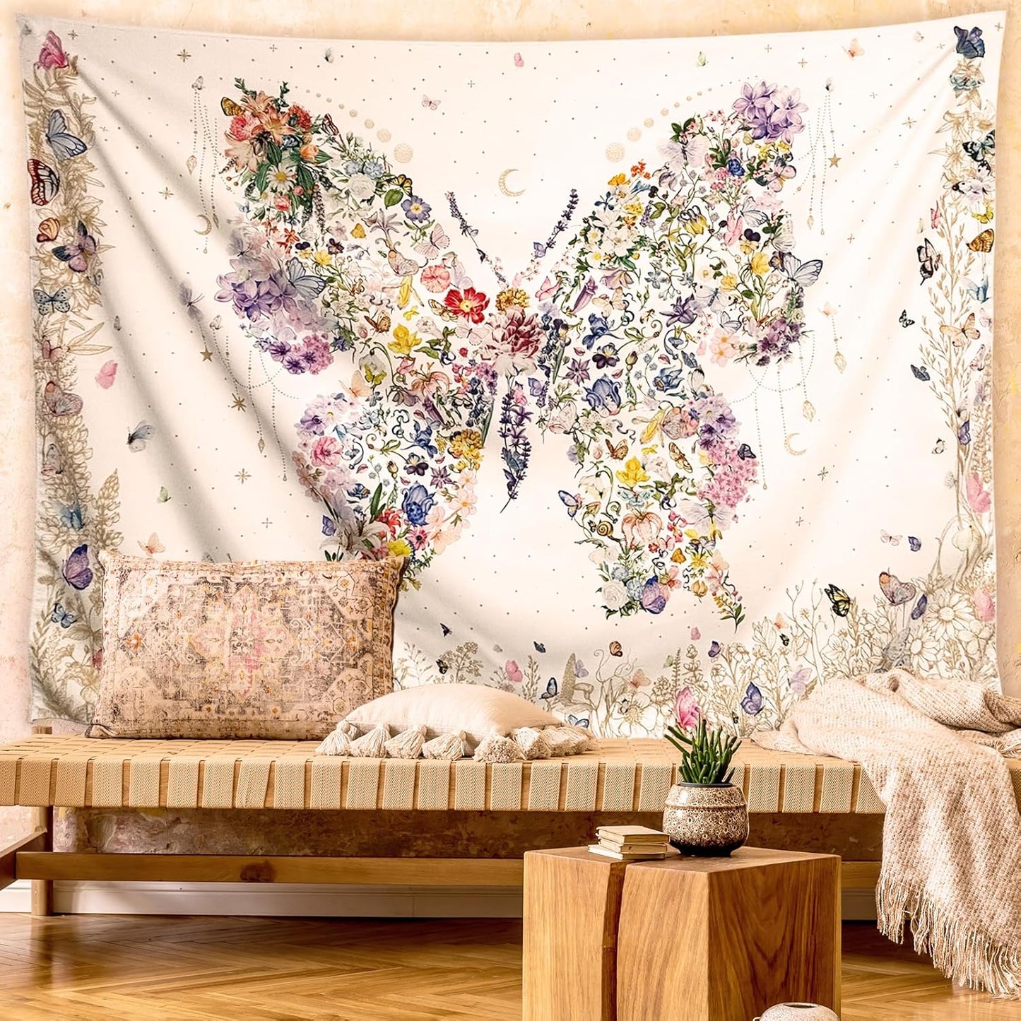 Damanse Butterfly Tapestry Wall Hanging Cute,Boho Wall Tapestry for Bedroom Aesthetic,Flower Living Room Decor for Teen Girls (White, 49.20" x 59.10")
