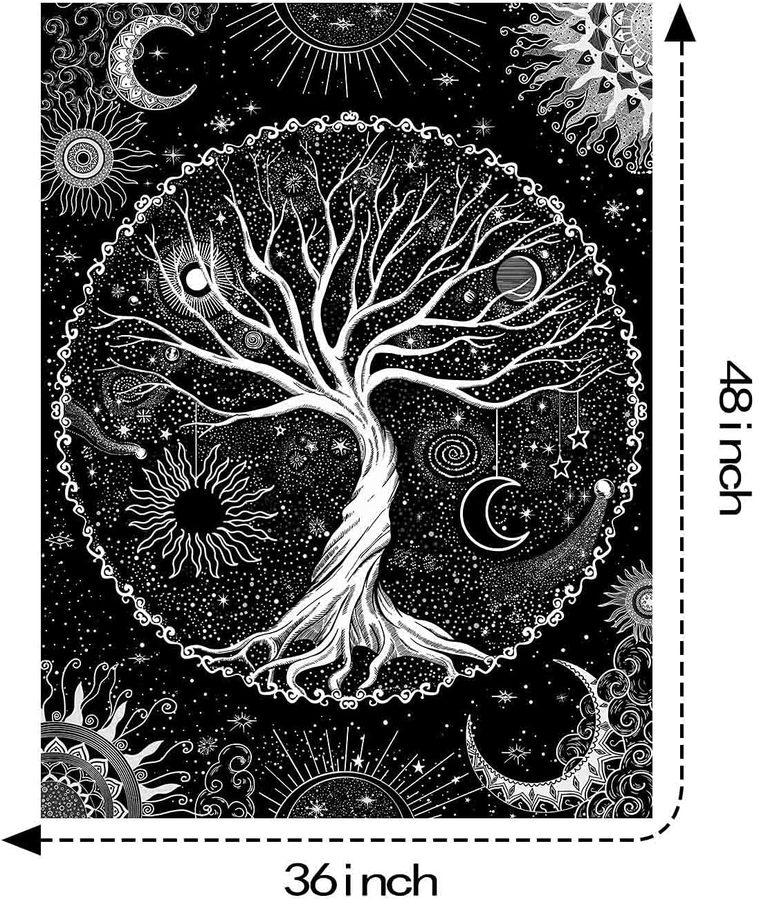 Lunerfex Tree of Life Tapestry Black and White Tapestry Mystical Sun and Moon Tapestries for Bedroom and Living Room Decor Black Tree 36×48 Inches