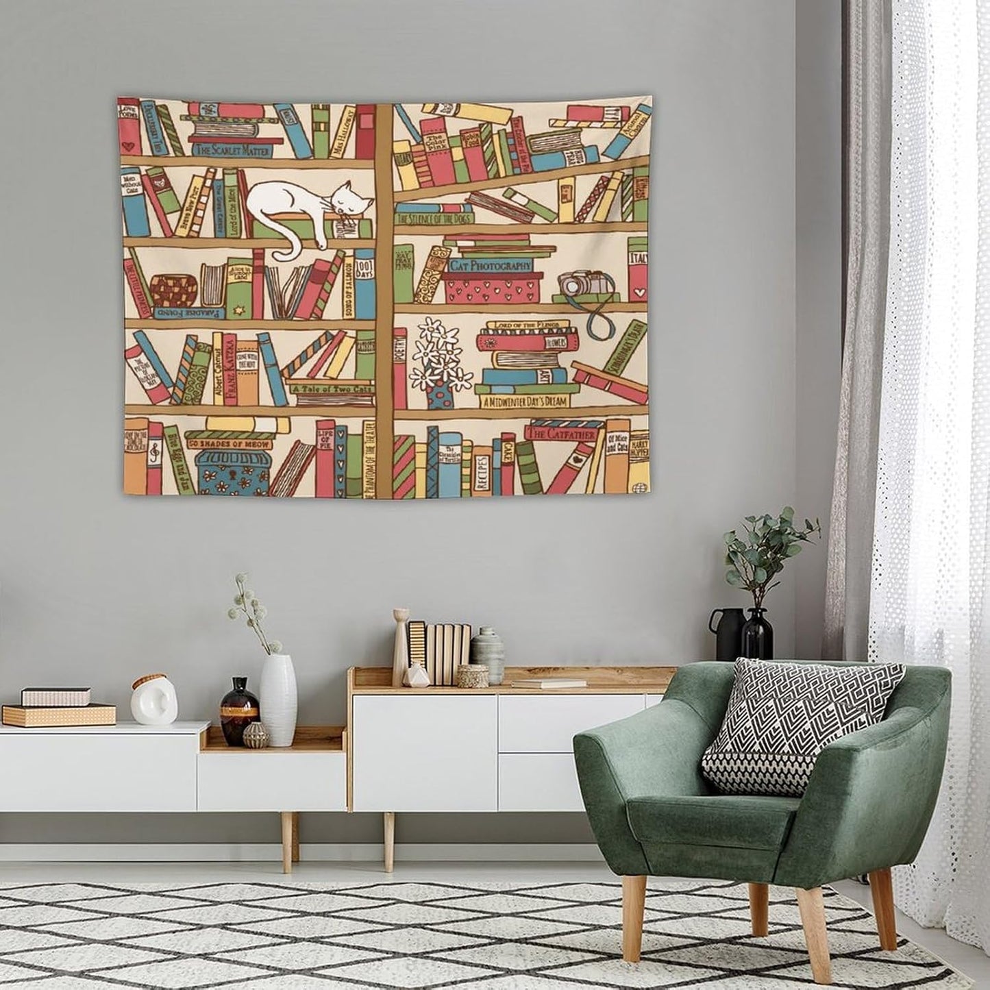 Kurtect Bookshelf Tapestry,Cute Cartoon Cat Sleeping Library Theme Pattern Print Tapestries for Party Beach Picnic Blankets Tablecloths Living Room Wall Deocr, 30x40 in