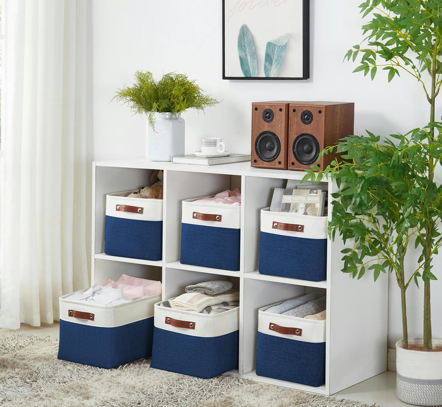 DECOMOMO Storage Bins Fabric Storage Baskets for Shelves, Linen Closet Organization Toys Nursery (Navy Blue and White, Large - 3 Pack)