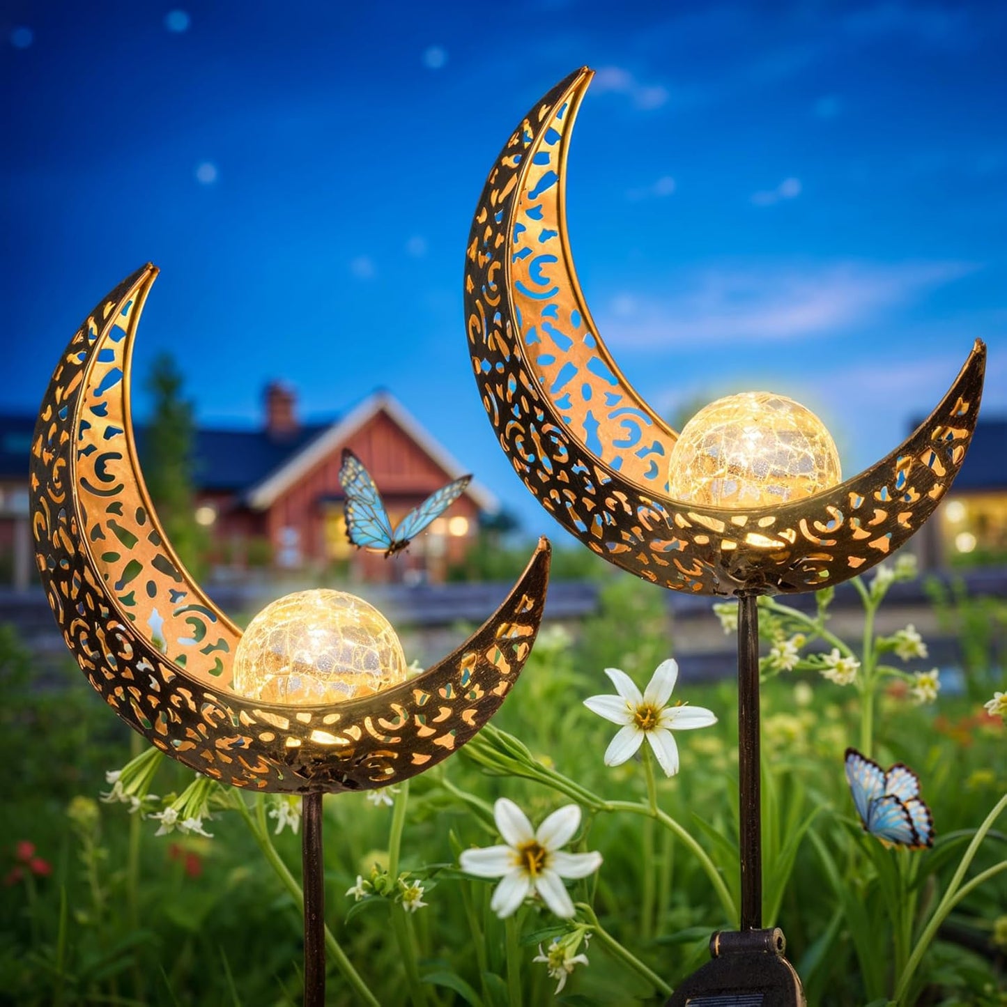 2Pack Moon Garden Solar Lights Outdoor Stakes Waterproof, Gifts for Mom, Crackle Glass Patio, Backyard Decorations, Balcony Lawn Ornaments, for Women Men Grandma (Bronze)