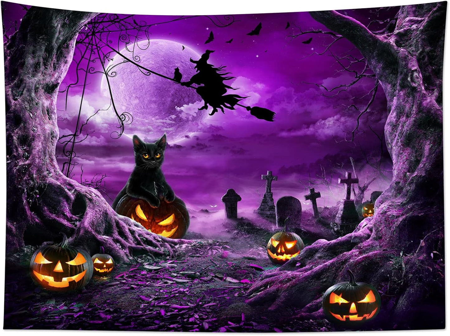 LB Halloween Wall Art: Horror Witch Cat & Dead Tree Pumpkin Lights with Spooky Graveyard Purple Full Moon Wall Tapestry for Bedroom & Living Room, 59x51 Inches
