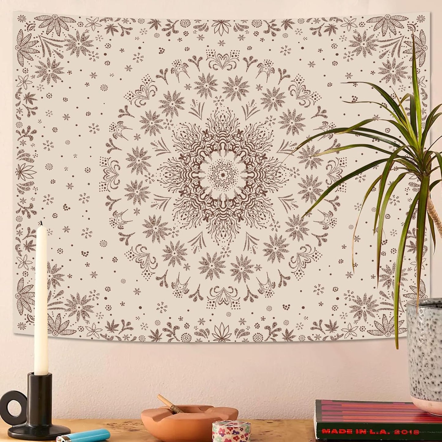 Fowocu Boho Floral Mandala Tapestry Wall Hanging Bohemian Flower Medallion Tapestry Aesthetic Beige Brown Hippie Indian Small Tapestries for Bedroom Living Room Dorm Decor 80 x 60 Inch