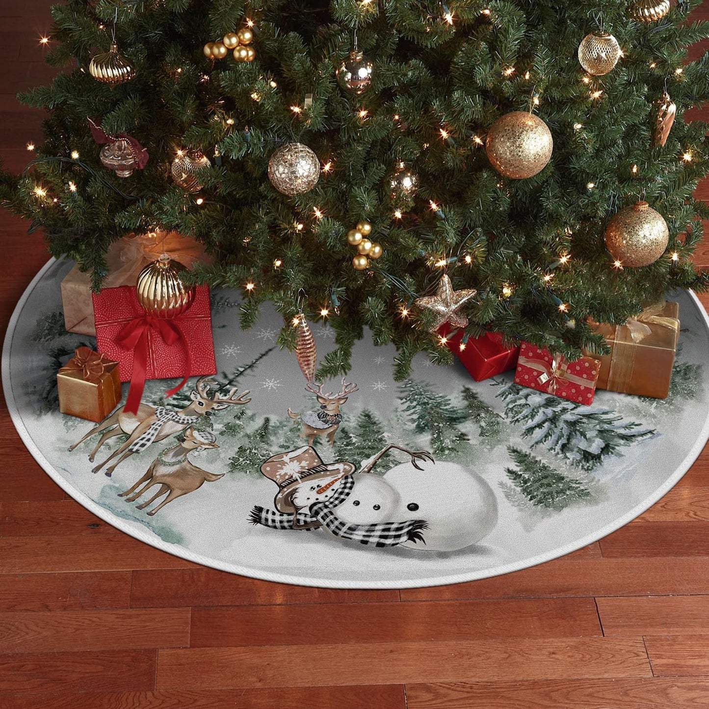 AVOIN colorlife Snowman Reindeer Snowflake Christmas Tree Skirt 48 Inch, Winter Holiday Tree Mat Decoration