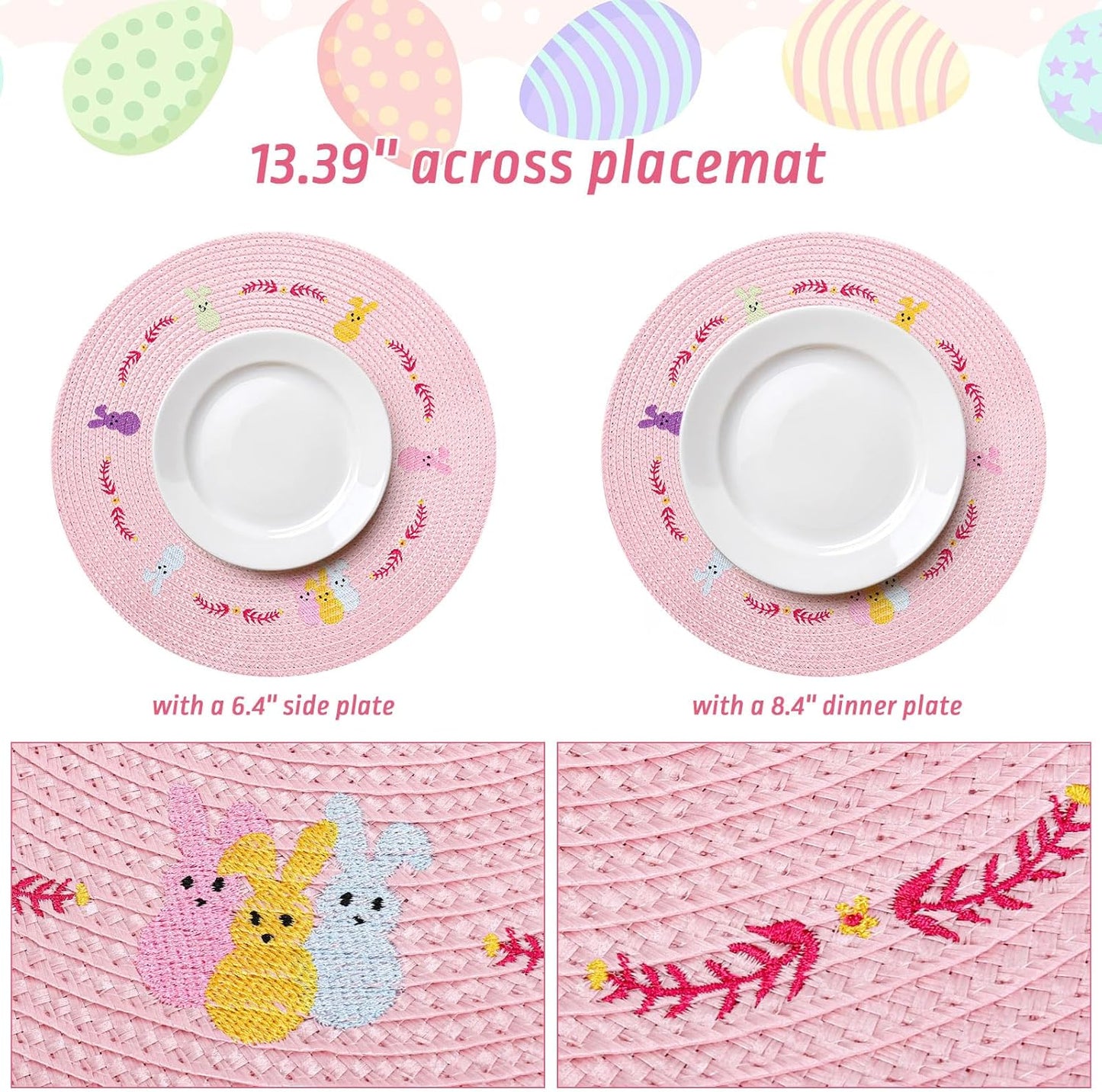 Whaline 4Pcs Round Bunny Easter Placemats Pink Rabbit Embroidered Place Mats Spring Cute Rabbit Dinner Table Mat Easter Dining Kitchen Table Mats for Home Wedding Baby Shower Birthday Party Decor