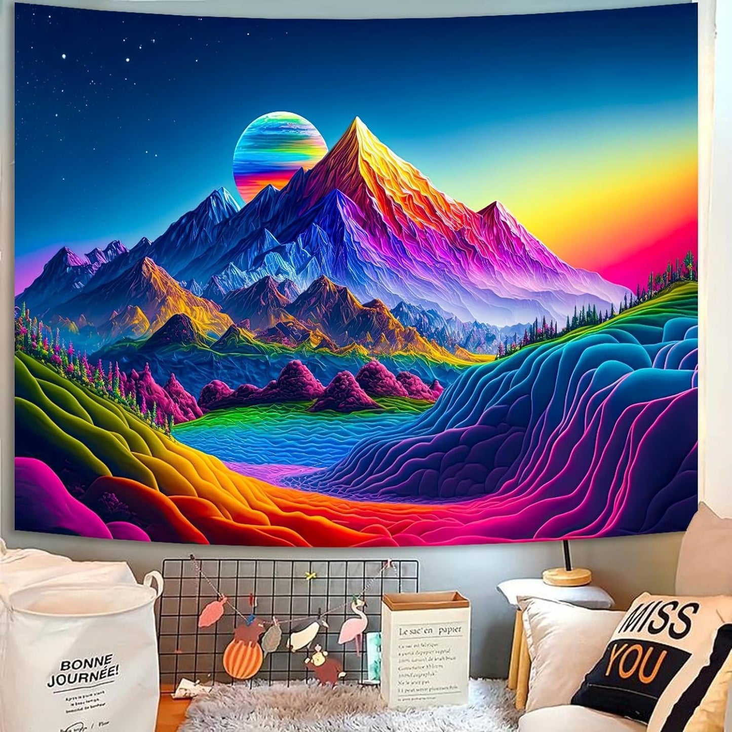 SparkLia Sunset Mountain Tapestry, Blacklight Colorful Forest Lake UV Reactive Tapestry, Neon Glow in the Dark Starry Stars Nature Landscape Wall Hanging Tapestries for Bedroom - 59.1" x 80"
