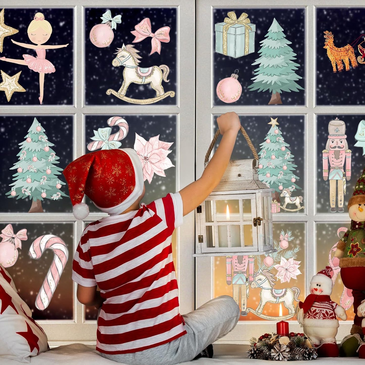 Pink Christmas Window Clings,Merry Christmas Supplies 9 Sheets Christmas Window Stickers Removable Christmas Decor for Glass Windows Winter Xmas Holiday