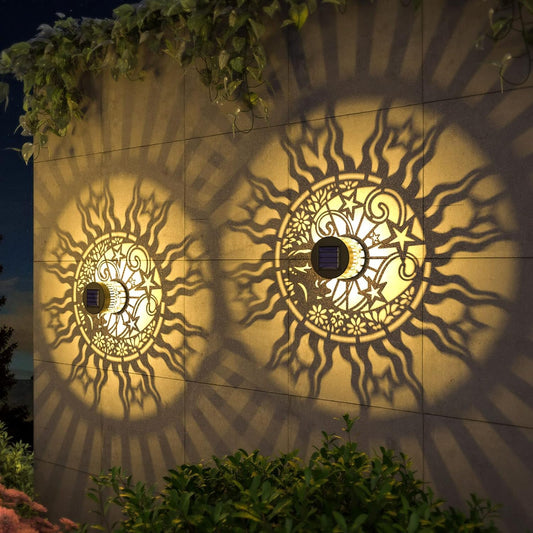 2 Pack Solar Fence Lights Metal Solar Powered Outdoor Wall Deck Lights Sun Moon Theme Waterproof Fence Light for Garden Post Patio Backyard Yard Decor (Face, 2 Pack)