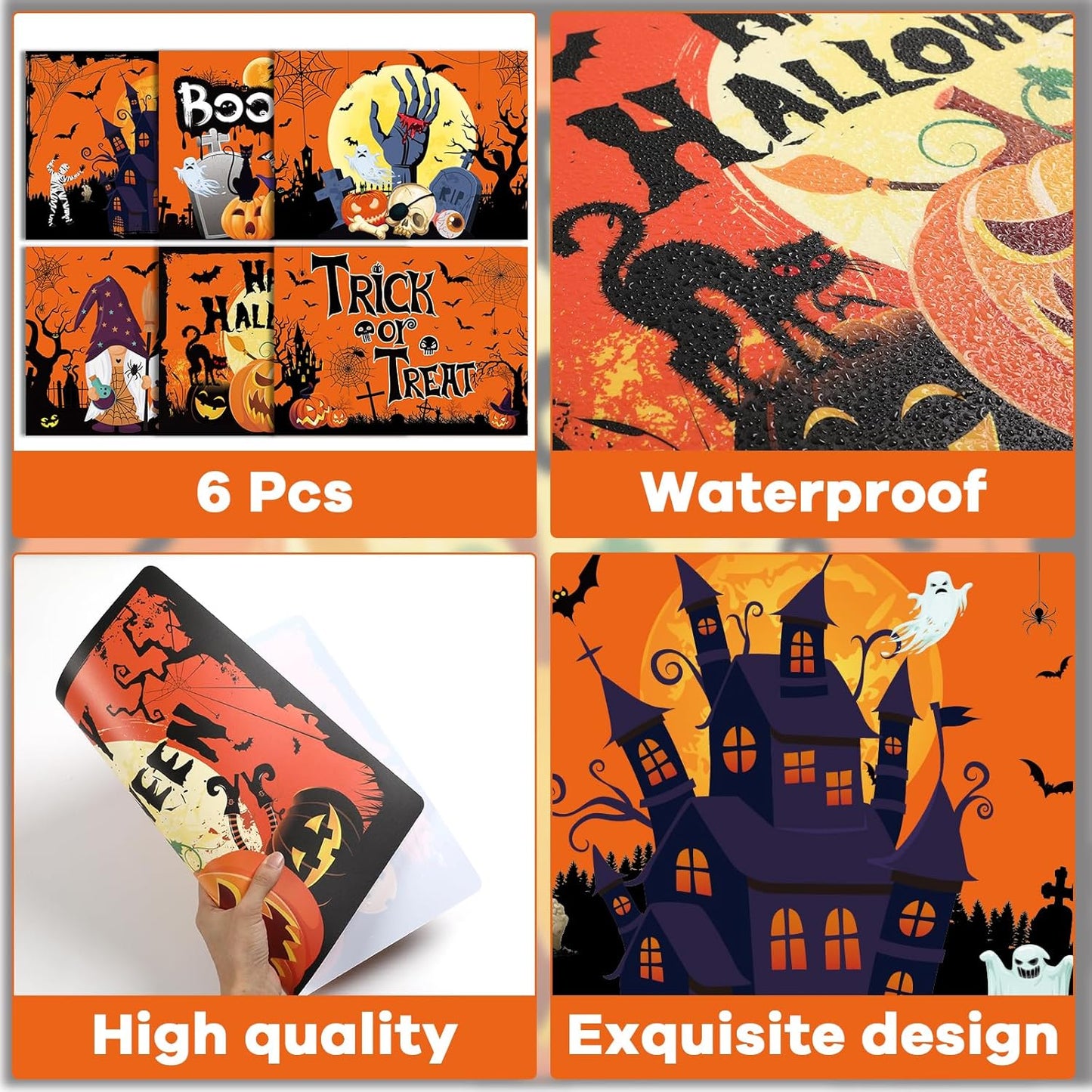 Plastic Placemats Set of 6 Halloween Table Mats - Trick or Treat Kitchen Decor - Wipe Clean, Washable, Recyclable - Orange Place Mats for Indoor/Outdoor - Heat Resistant - Kitchen/Dining Table