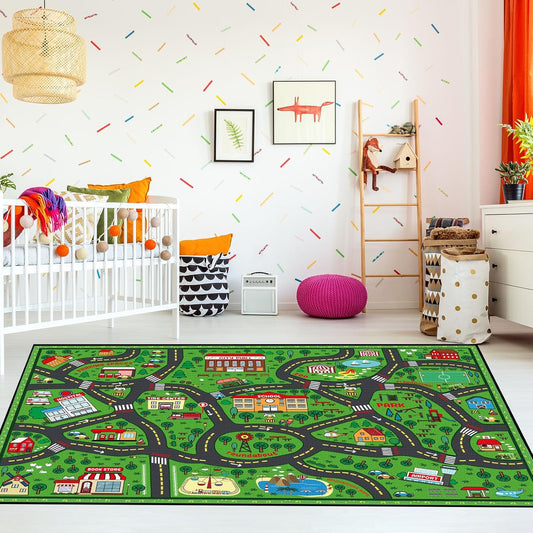 Kids Carpet Playmat Rug 8 x 10 ft Player Car Rug, City Life Traffic Road Map Mat Educational Game Area Mat for Toddler Children Playroom Classroom Bedroom(Green)