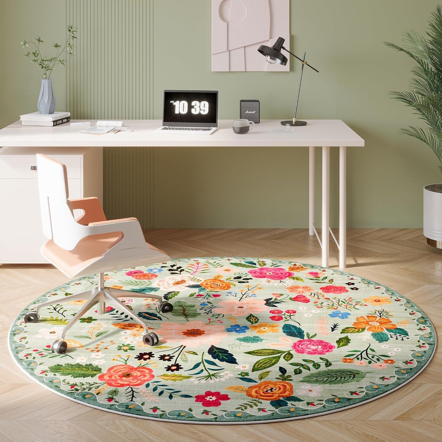 Round Rug 4ft Washable Circle Rug Non Slip Low Pile Boho Floral Small Circular Rug for Bedroom, Bathroom, Entryway, Kids Room, Office, College Dorm(Green)