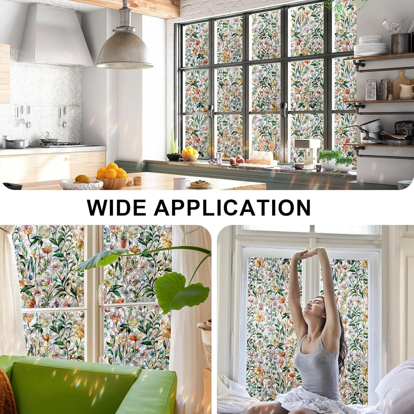 Rainbow Window Privacy Film 3D Floral Decorative Stained Glass Window Film Anti UV Non-Adhesive Reusable 23.6" x 157.4" for Home Room Car Glass Cling