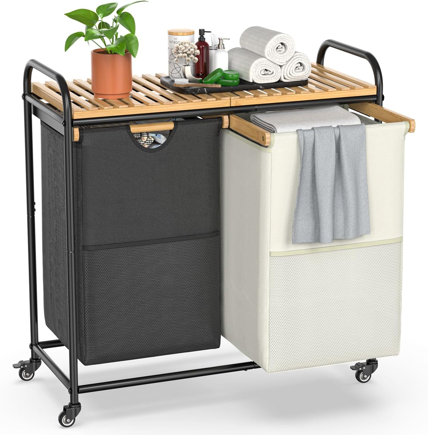 Laundry Hampers 2 Section, Laundry Sorter with Removable Shelf and Pull-Out Bags, Clothes Hampers with Wheels Rolling Cart Basket for Laundry Room Bathroom, 2 x 50 L (Black White)