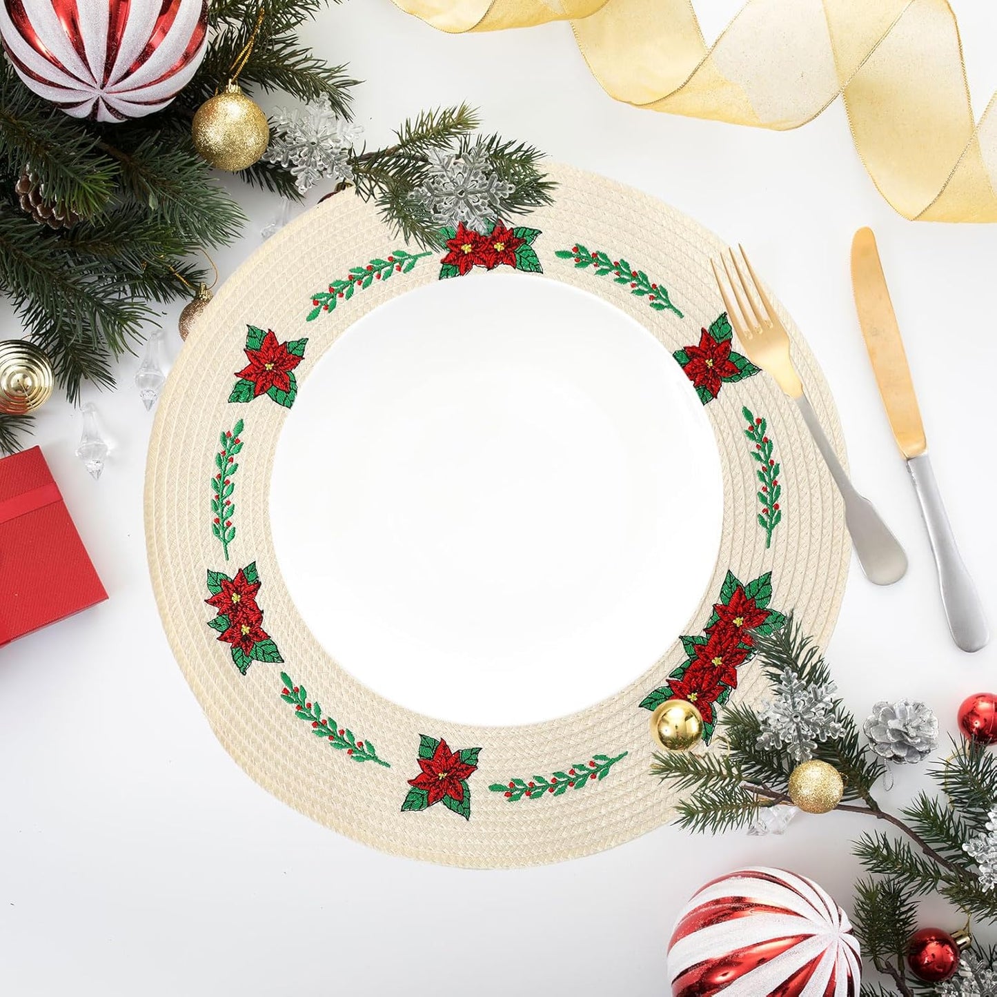 Whaline 4Pcs Round Christmas Flower Placemats Embroidered Xmas Poinsettia Place Mats Decorative Dinner Table Mats for Holiday Party Decor