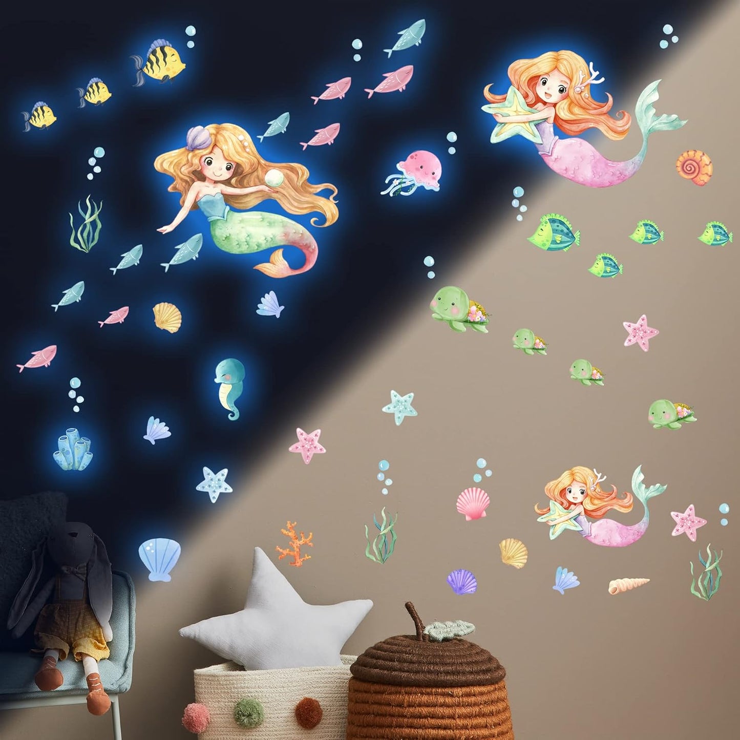 Glow in The Dark Stars Mermaid Wall Decals, Turtle Ocean Fish Stickers for Ceiling, DIY Wall Decor for Nursery Playroom Living Room, Birthday Christmas Gift