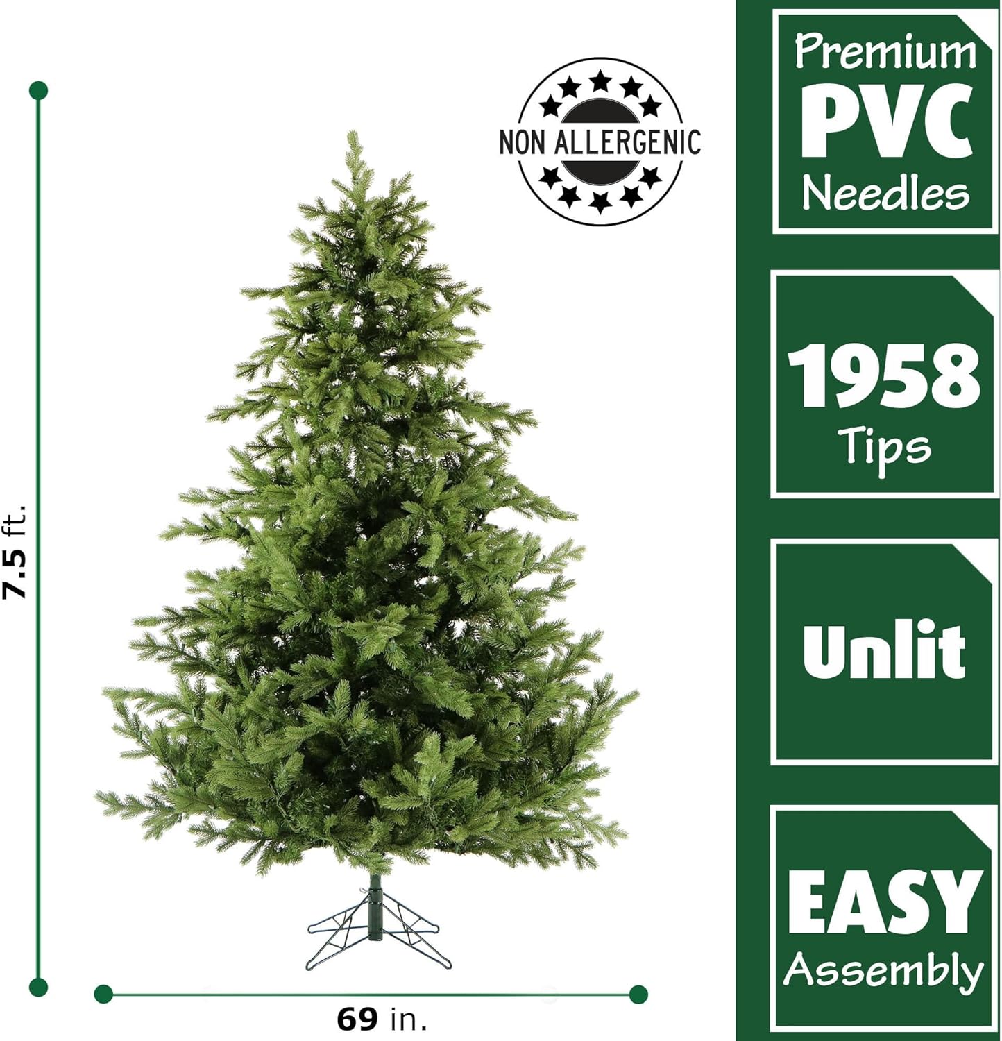 Fraser Hill Farm 7.5-Ft. Foxtail Pine Artificial Christmas Tree with Stand and No Lights, Unlit Foldable Fake Christmas Tree with Realistic Foliage for Home Decoration