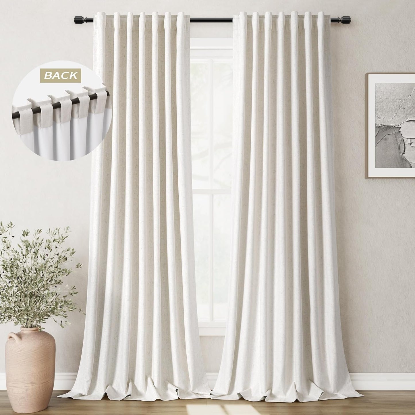 Cream Linen Blackout Curtains for Bedroom 84 Inch Length 2 Panels Set Room Darkening Curtains Natural Beige Black Out Curtain Neutral Thermal Insulated Living Room Nursery Drapes Back Tab 52x84