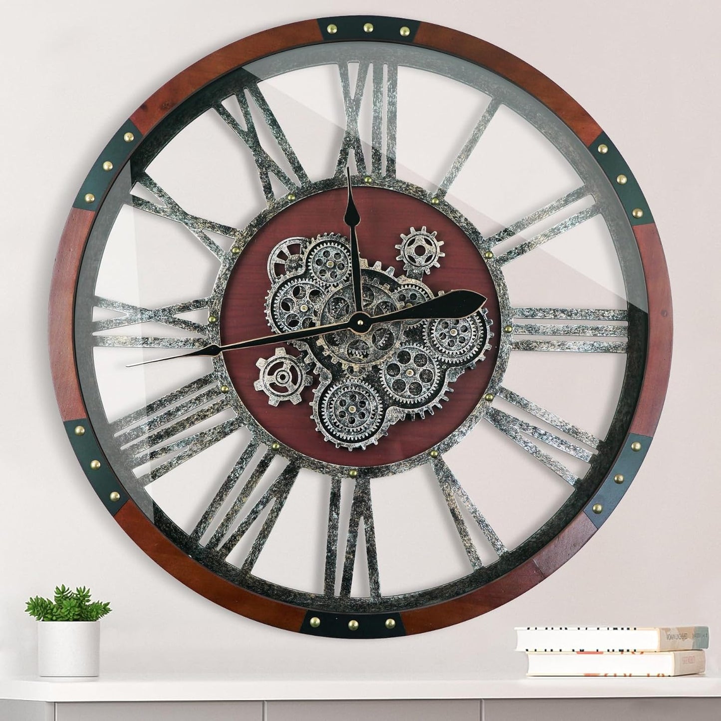 30Inchs Moving Gears Wall Clock, Oversized Wall Clocks, Clock Living Room Decor, Solid Wood Frame, Battery Operated, Large Wall Clock with Steampunk Industrial for Fireplace(Black Walnut)