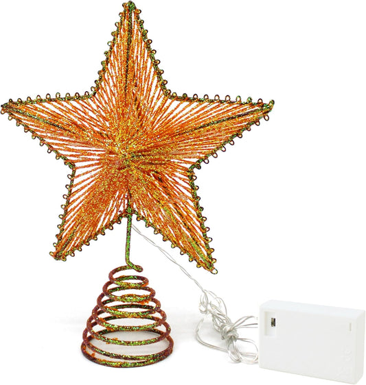 CVHOMEDECO. Champagne Glittered 3D Tree Top Star with Warm White LED Lights and Timer for Christmas Tree Topper Decoration and Holiday Seasonal Décor, 8 x 10 Inch