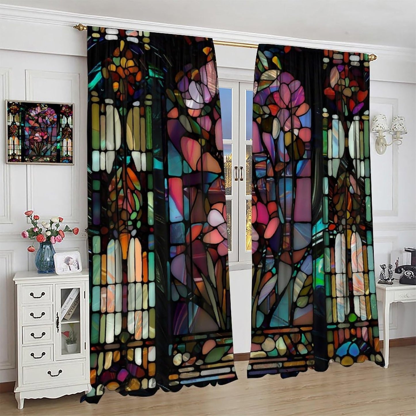 Stained Glass Curtains,Vintage Colorful Abstract Art Home Decor Drapes for Bedroom Living Room Kitchen Window Treatment 2 Panels Set Total Size 63" W X 72" L Inch